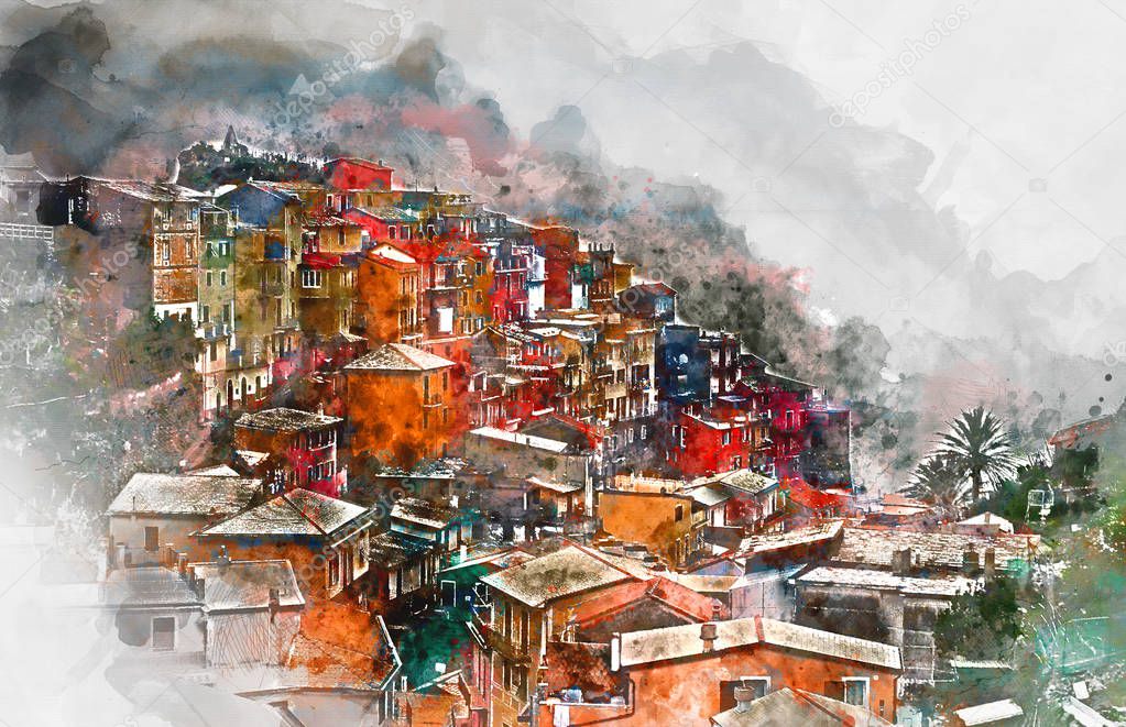 Digital watercolor painting of Manarola. Italy
