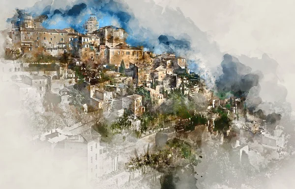 Digital watercolor painting of Gordes — Stock Photo, Image