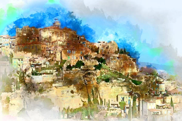 Acuarela digital pintura de Gordes, es una colina muy hermosa — Foto de Stock