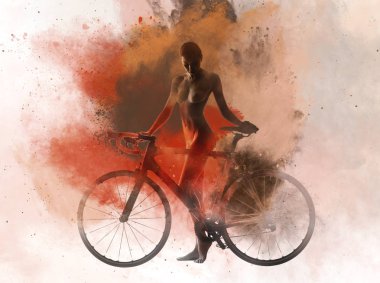 Soyut bir suluboya ile kombine bir bisiklet ile çıplak kadın.