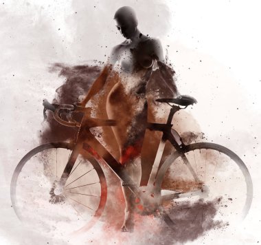 Soyut bir suluboya ile kombine bir bisiklet ile çıplak kadın.