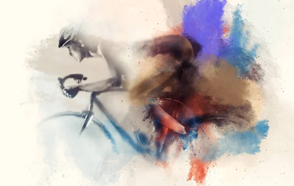 Woman riding on a bicycle combined with an abstract watercolor. — Stock Photo, Image