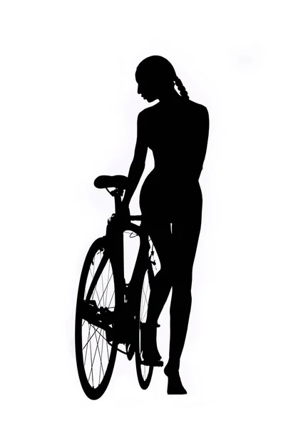 Silueta de una mujer desnuda con una bicicleta — Foto de Stock