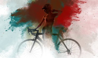 Soyut bir suluboya ile kombine bir bisiklet ile çıplak kadın.