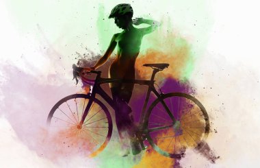 Soyut bir suluboya ile kombine bir bisiklet ile çıplak kadın