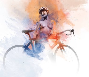 Soyut bir suluboya ile kombine bir bisiklet ile çıplak kadın.