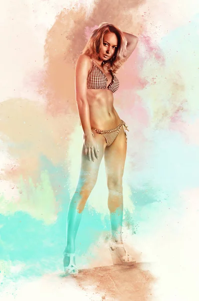 Mooie vrouw in bikini. Beeld gecombineerd met een digitale ingang — Stockfoto
