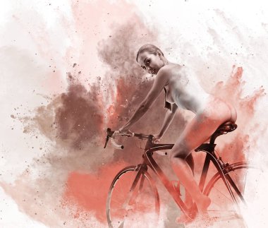 Bir bisiklet üzerinde çıplak kadın. Dijital sanat