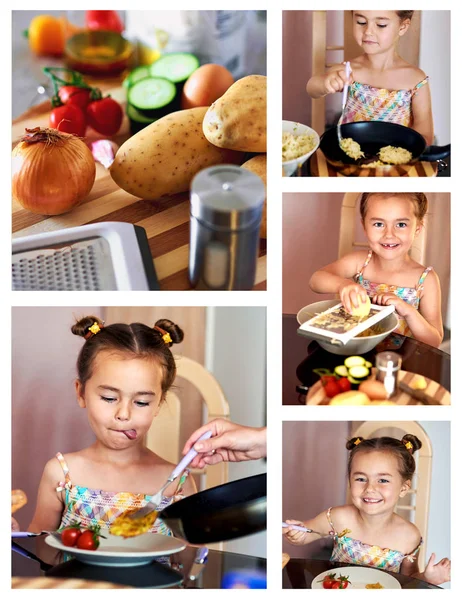 집에서 요리 하는 귀여운 어린 소녀의 콜라주. — 스톡 사진