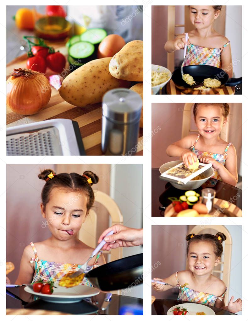 Collage of a cute little girl cooking at home. 