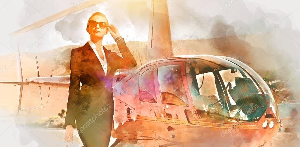 Business woman near the helicopter. Digital watercolor painting 