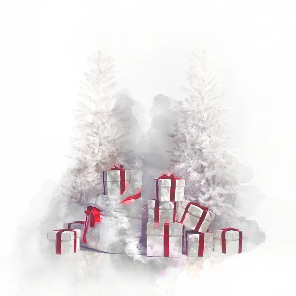 A karácsonyfák a halom díszdobozok. Digitális akvarell — Stock Fotó