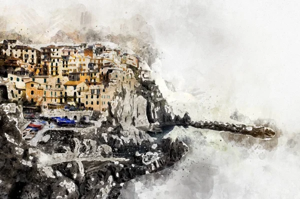 Digital watercolor painting of Manarola. La Spezia. Italy — Stock Photo, Image