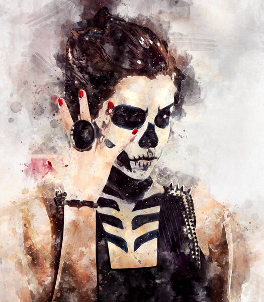 Woman with skeleton face art 