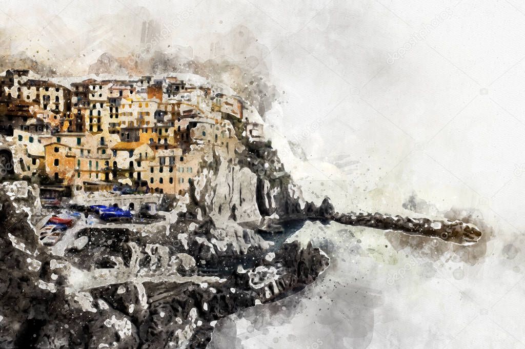 Digital watercolor painting of Manarola. La Spezia. Italy