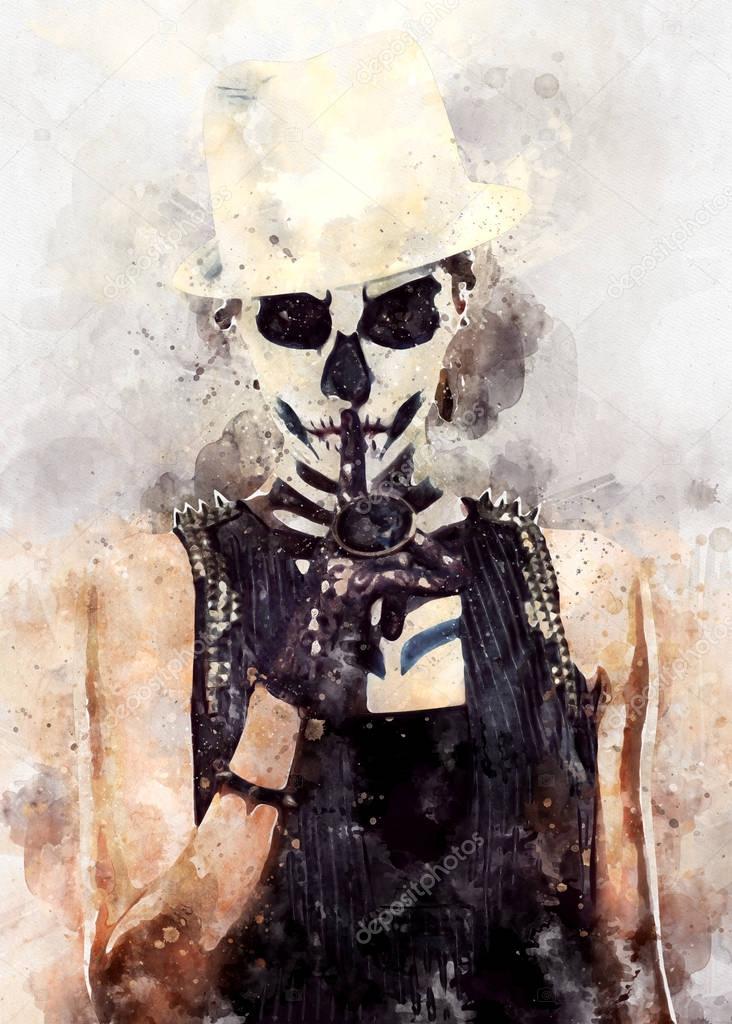Woman with skeleton face art 