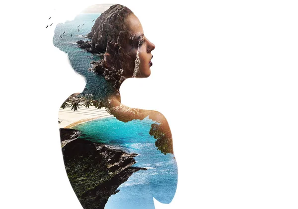 Silhouette of a woman combined with a rocky coast and sea — Stock Photo, Image