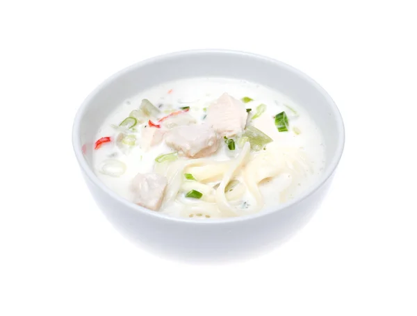 Bowl of thick chicken soup over white background — Stock Photo, Image