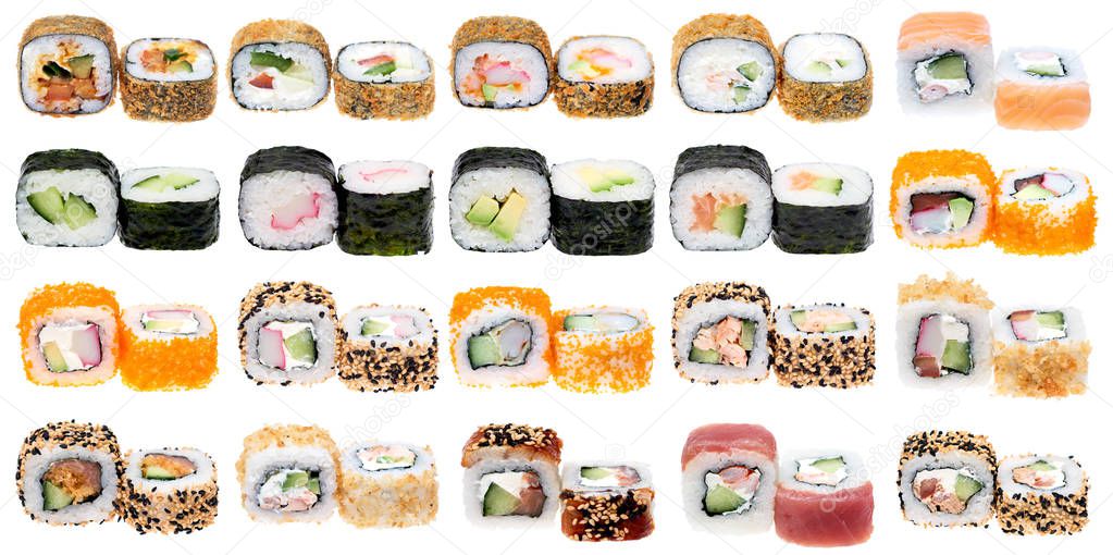 Different kinds of sushi roll isolated on white background.