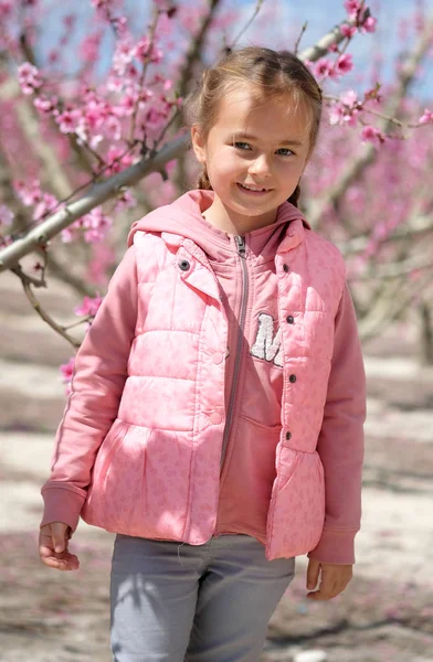 Lovely Little Girl Grove Fruit Trees Cieza Murcia Region Peach — Stock Photo, Image
