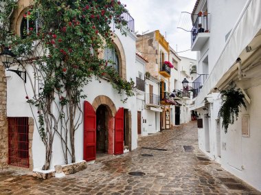 Ibiza Adası mimarisi. Eski kasaba Ibiza (Eivissa) büyüleyici boş Arnavut kaldırımlı patlamaları Sokağı. Çiçek açan Ivy house duvara kırmızı çiçekli. Bulutlu gökyüzü, insan yok. Balear Adaları. İspanya