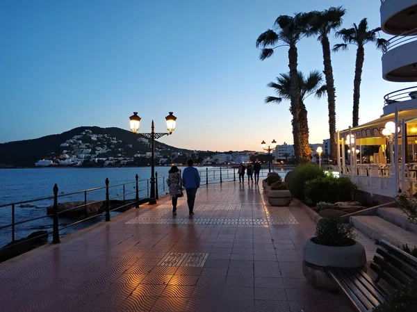 Ibiza Island Spain April 2018 People Walking Seafront Santa Eulalia — Stock Photo, Image