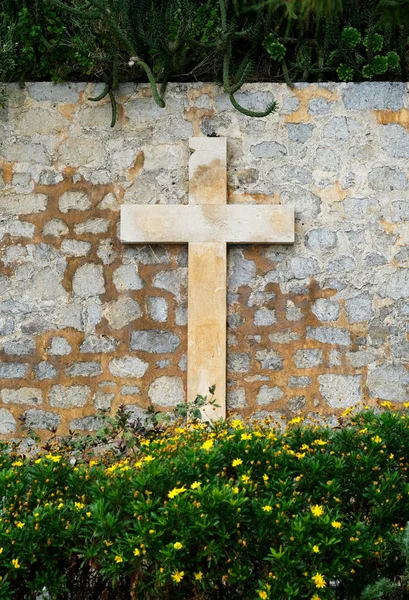 Kříž Zastaralé Kamenné Zdi Ostrov Ibiza Baleárské Ostrovy Španělsko — Stock fotografie