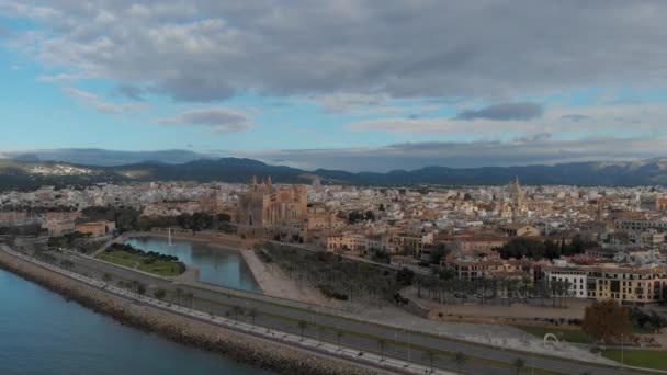 Повітряна Безпілотна Точка Огляду Palma Mallorca Cityscape Художній Готичний Собор — стокове відео