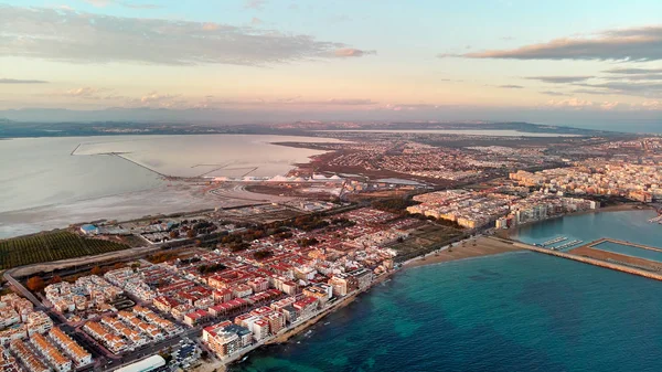 Aerial distant top eye bird view Torrevieja cityscape — Stock Photo, Image