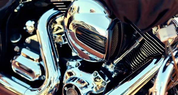 Close up background, part of modern chrome shiny engine of motorcycle — Stock Photo, Image