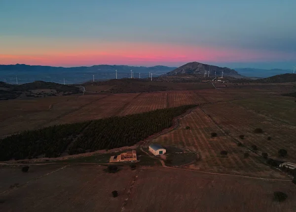 Vivid pink sunset over farmland cultivated land — 스톡 사진