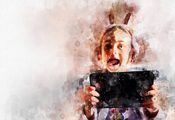 Little girl wearing funny headphones with ears holding tablet device, digital illustration