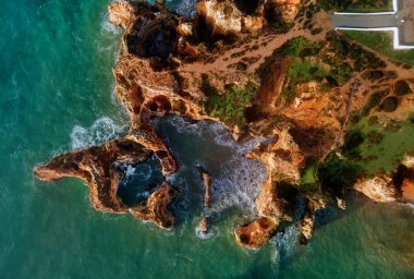 Aerial photo view directly from above Ponta da Piedade headland 