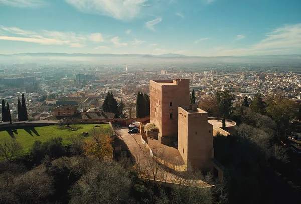 Aerial picturesque drone point of view Granada castle — 图库照片