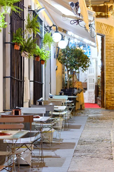 迷人的人行道上设有露台的开放空间咖啡馆 街上空荡荡的金属桌子和椅子被塞维利亚的夜景点亮 Andalusia 西班牙 — 图库照片