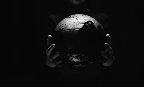 Hands Little Girl Hold Globe Sphere Map Isolated Black Background — Stock Photo, Image