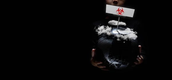 Our Planet Clouds Red Biohazard Symbol Black Copy Space Background — Stock Photo, Image