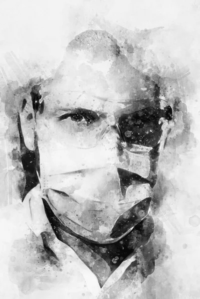 Digital Watercolor Painting Close Portrait Confident Male Doctor Face Mask — Stock Photo, Image