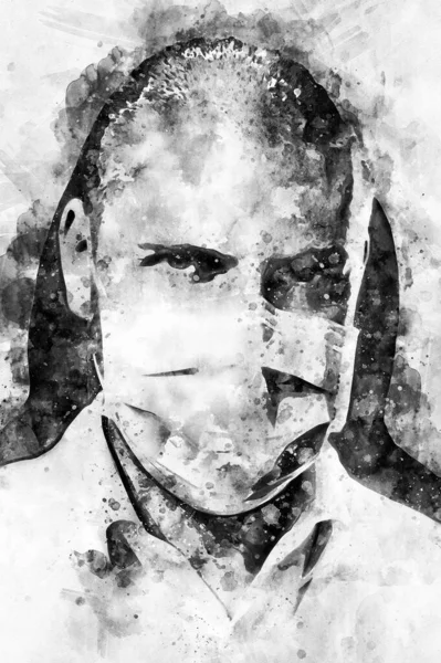Digitale Aquarellmalerei Nahaufnahme Porträt Eines Selbstbewussten Männlichen Arztes Gesicht Schutzmaske — Stockfoto