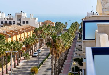 Yüksek binaların balkonundan Torrevieja şehir yolu. Resimli palmiye Akdeniz yakınlarındaki şehir sahil caddesinde. Costa Blanca turizm beldesi, Alicante ili, İspanya