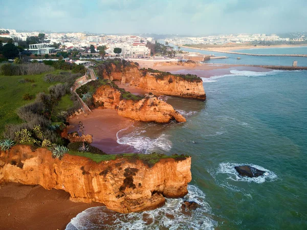 Letecký Bezpilotní Pohled Krajinu Praia Pinhao Atlantský Oceán Vápencové Skalnaté — Stock fotografie