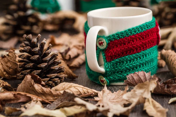Mugs in Knitted Mittens, Decorated for Christmas