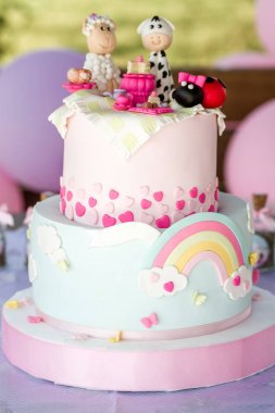 Renkli doğum günü pastası, pasta bardak ve şişeler için bebek duş Pa