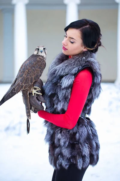 Hermosa mujer con halcón —  Fotos de Stock