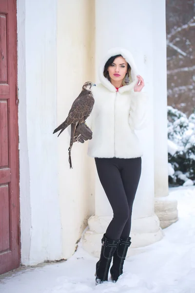 Donna e falco in inverno — Foto Stock