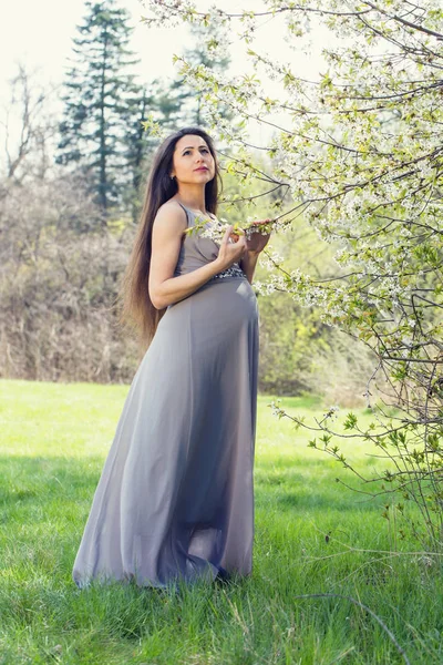 Mujer por la cereza floreciente — Foto de Stock