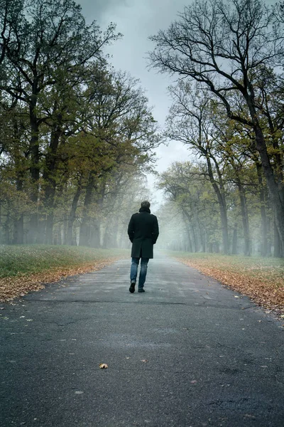 The man is walking along a misty alley — Stock Photo, Image