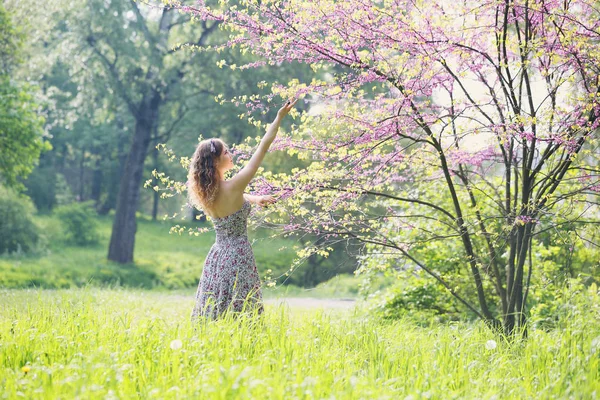 Mulher Sob uma Árvore Florescente — Fotografia de Stock