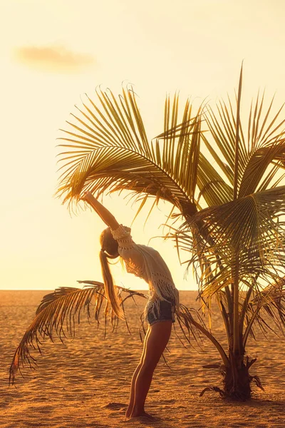 Esticando-se debaixo de uma palmeira — Fotografia de Stock