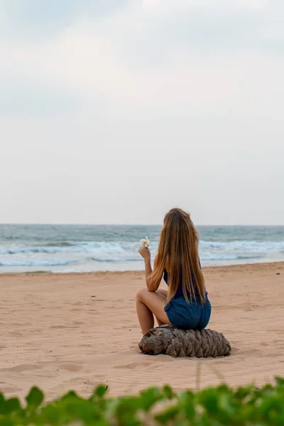 Kız okyanus tarafından oturur — Stok fotoğraf